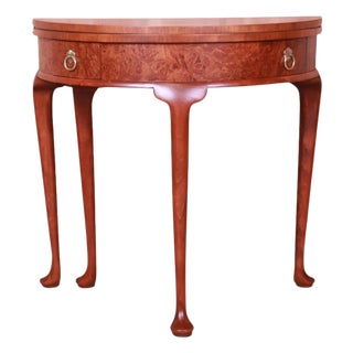 Baker Furniture Burled Walnut Queen Anne Flip Top Demilune Console Table For Sale