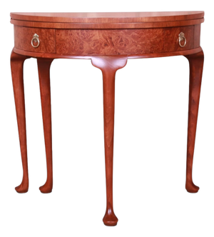 Baker Furniture Burled Walnut Queen Anne Flip Top Demilune Console Table