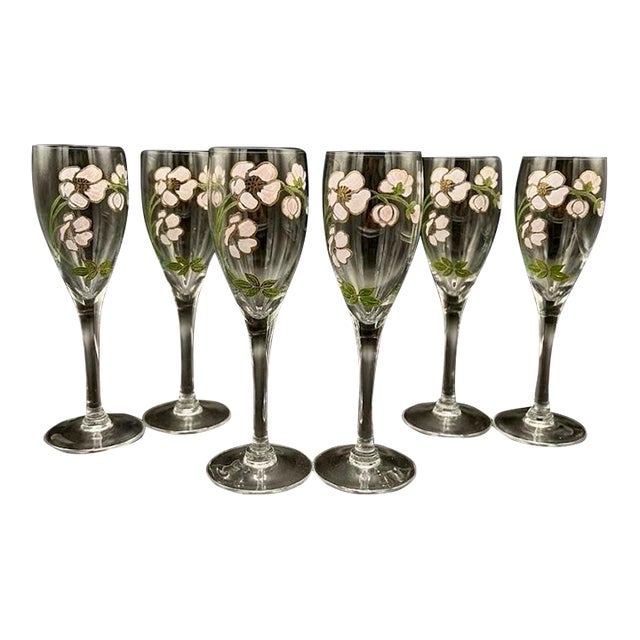 Vintage Art Nouveau Perrier Jouet Hand Painted Floral Champagne Flutes - Design by Emile Galle - Set of 6 For Sale