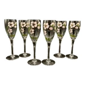 Vintage Art Nouveau Perrier Jouet Hand Painted Floral Champagne Flutes - Design by Emile Galle - Set of 6