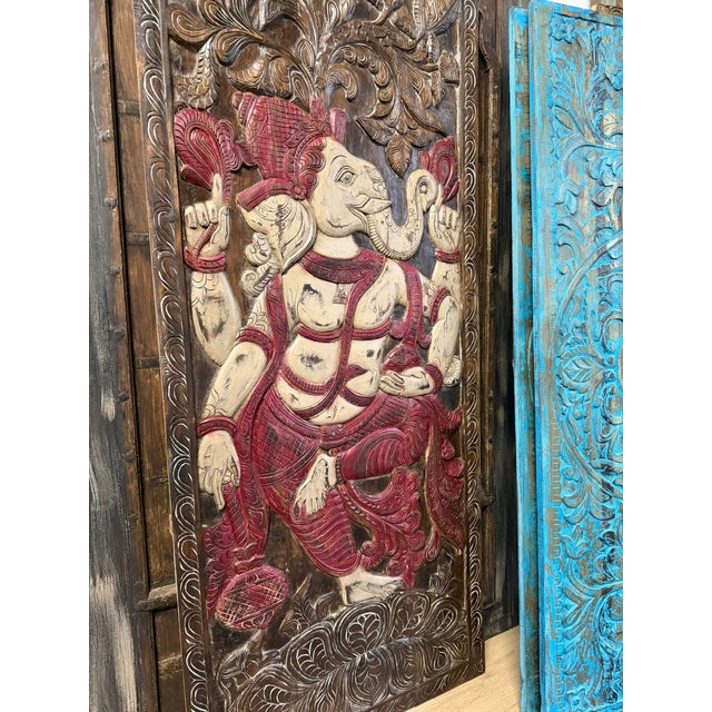 Vintage Carved Blessing Ganesha Wall Art Sculpture – Handcrafted Indian Wooden Barn Door 83x36 For Sale - Image 4 of 7