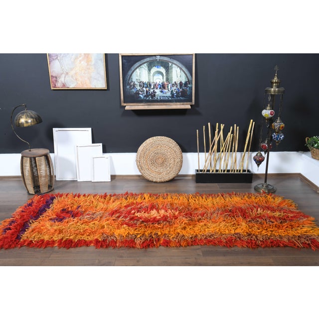 1970s Vintage Handmade Wool Cotton Orange Red High Pile Runner Rug For Sale - Image 10 of 11