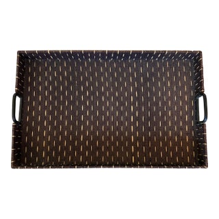 Vintage Large 21” Chocolate Brown & Tan Grasscloth Tray With Blackened Wood Handles For Sale