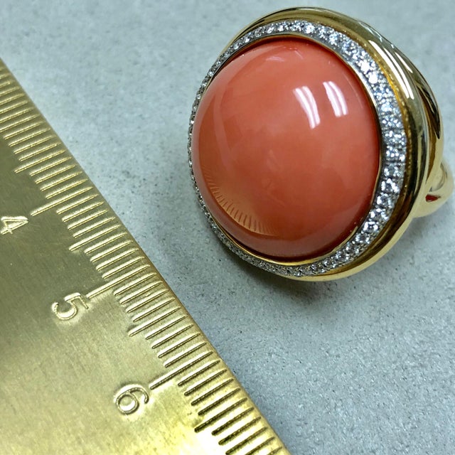 Gold Syna Salmon Coral Yellow Gold Ring with Diamonds For Sale - Image 8 of 10