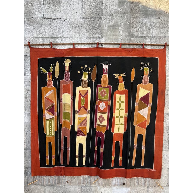 Large Hand-Painted Tribal African Wall Hanging Tapestry, signed by the artist. Circa 1990s Country of Origin: Zambia...