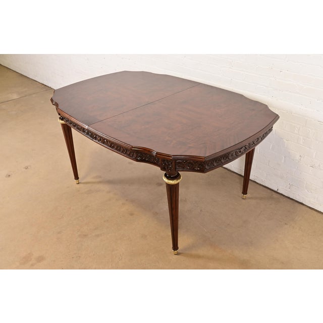 Brown Henredon Style French Regency Louis XVI Carved Mahogany and Burl Wood Extension Dining Table, Newly Refinished For Sale - Image 8 of 14