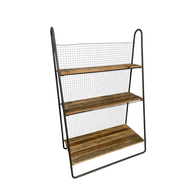 1970s Baker Style Reclaimed Book Shelf Rack With Industrial Metal Frame and Wire Back For Sale In Seattle - Image 6 of 9