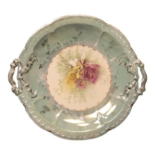 Antique Porcelain Cookie / Cake Serving Plate With Ribbon Bow Handle For Sale