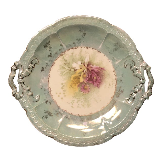 Antique Porcelain Cookie / Cake Serving Plate With Ribbon Bow Handle For Sale
