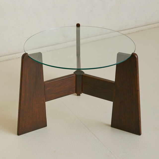 French Brutalist Round Wood + Glass Coffee Table, 1960s For Sale - Image 4 of 8
