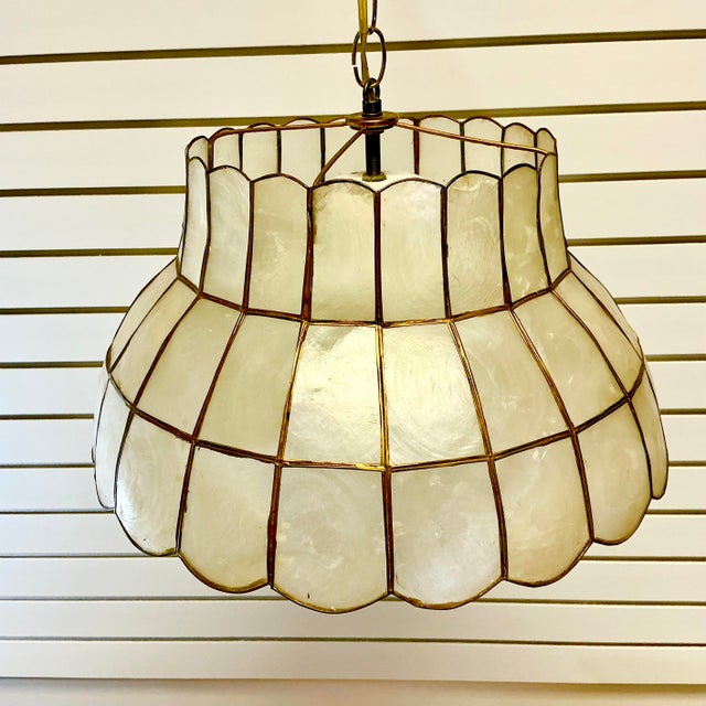 1970s 1970s Vintage Coastal Boho Chic Capiz Shell Shade Pendant Lighting For Sale - Image 5 of 10