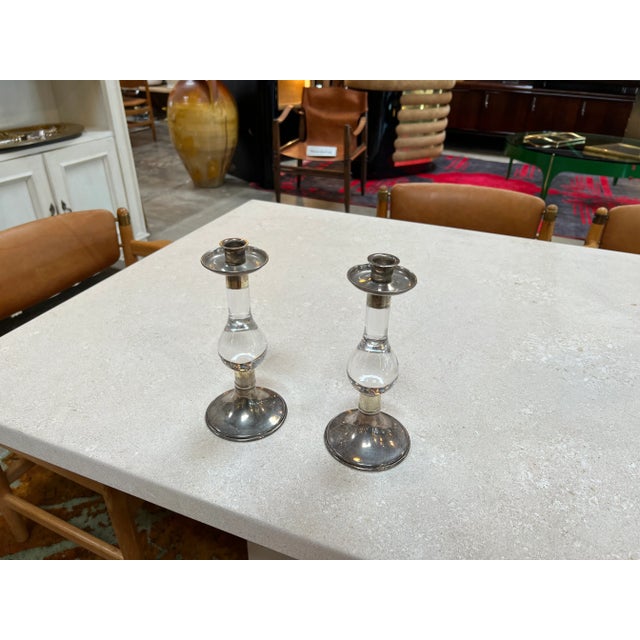Mid-Century Modern Set of 2 Vintage Crystal and Silver-Tone Candlesticks 1980s For Sale - Image 3 of 6