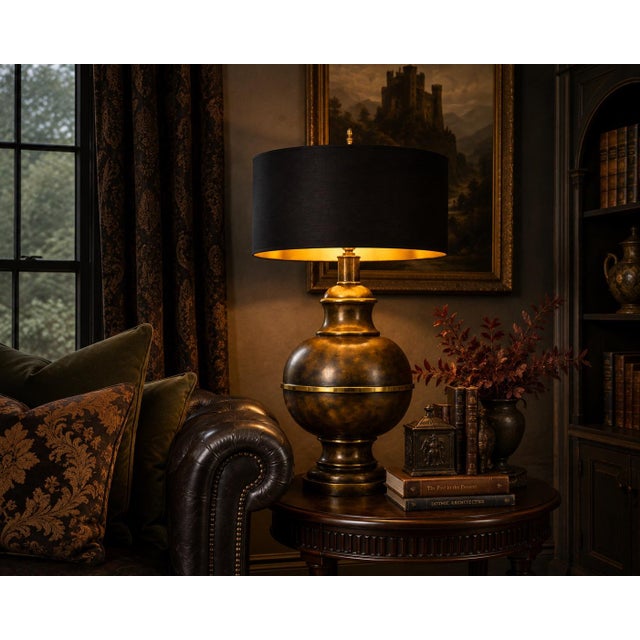 Traditional Grand Vintage Brass & Bronze Urn Table Lamp With Black & Gold Drum Shade For Sale - Image 3 of 4