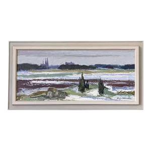 Mid-Century Modern Swedish "Planes" Vintage Expressive Landscape Oil Painting, Framed