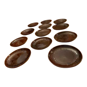 1950s Mid-Century Modern Mar - Crest Daisy Dot Onion Dinner Plate Brown Glaze - Set of 12