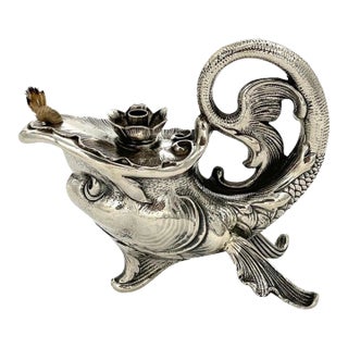 Late 19th Century Art Nouveau German Sterling Fantasy Fish Motif Oil Lamp/Cigar Lighter For Sale