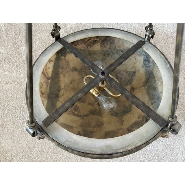 Vintage 1950s Neoclassical Gilded Brass Lion Heads Alabaster Pendant Chandelier For Sale - Image 10 of 18