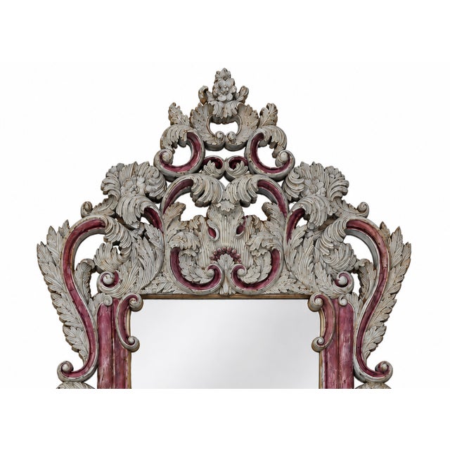 This mirror features an exquisitely hand-carved openwork frame adorned with intricate acanthus leaf patterns, stylized...
