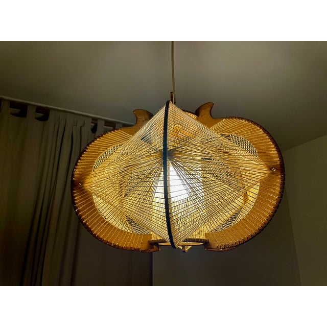 Scandinavian Cotton and Wood Pendant Light with Taut Wires, 1960 For Sale - Image 3 of 11