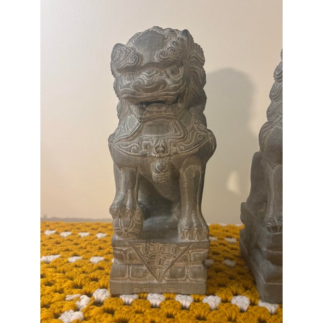 Stone Vintage Hand Carved Stone Foo Dogs Guardian Lions, Pair, Asian Garden Sculptures For Sale - Image 7 of 8