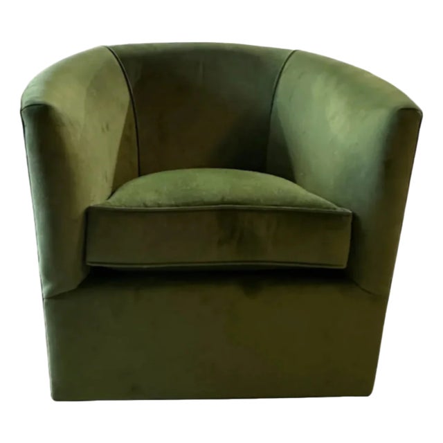Custom Swivel Chair With Green Performance Fabric & Thibaut “Green Ming” Back For Sale