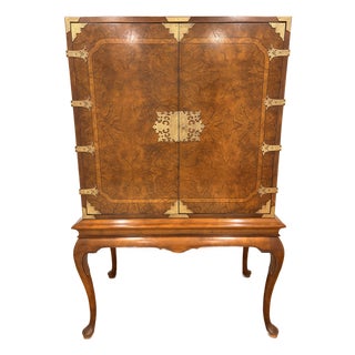 1980s Burl Walnut Chinoiserie Style Media / Bar Cabinet For Sale