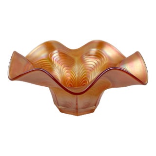 1950s Fenton Peacock Tail Marigold Orange Carnival Ruffled Hat Bowl For Sale