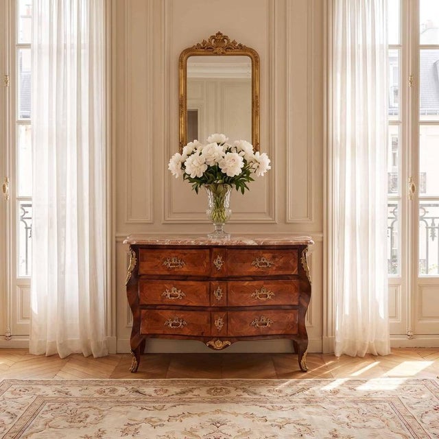 French Louis XV Style Marquetry Bombe Commode with Marble Top, 1750s For Sale - Image 13 of 14