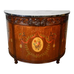 1910 Antique French Walnut & Satinwood Hand Painted and Marble Top Demi-Lune