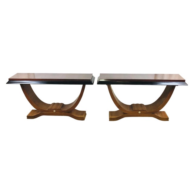 Pair of French Art Deco Console Tables Nickeled Trim Attrib. Alfred Porteneuve For Sale