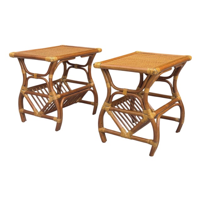 Rattan End Tables With Magazine Racks - A Pair For Sale