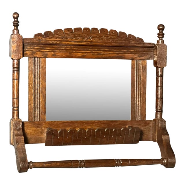 Early 20th Century Victorian Eastlake Oak Shaving Mirror With Towel Bar For Sale