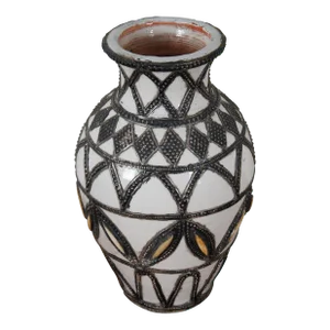 Vintage Mid 20th Century Moroccan Safi Ceramic Inlaid Nickel Silver Filigree Mantel Vase