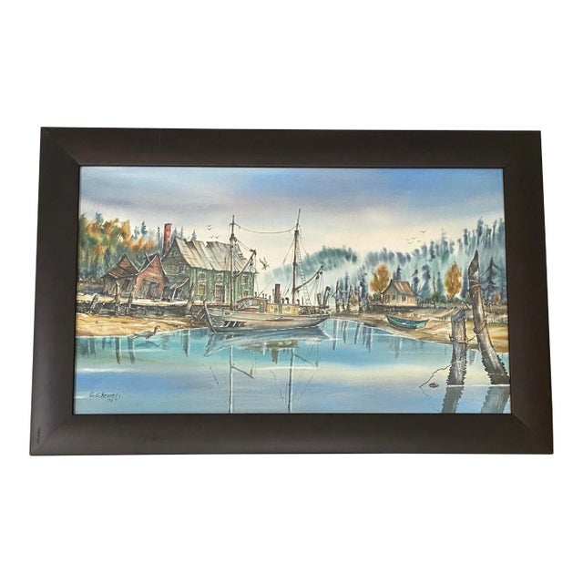Pacific Northwest Harbor Scene Original Watercolor by g.g. Kennedy C.1967 For Sale
