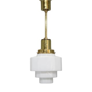 Art Deco Brass and Opaline Glass Pendant, Czechoslovakia, 1930s For Sale