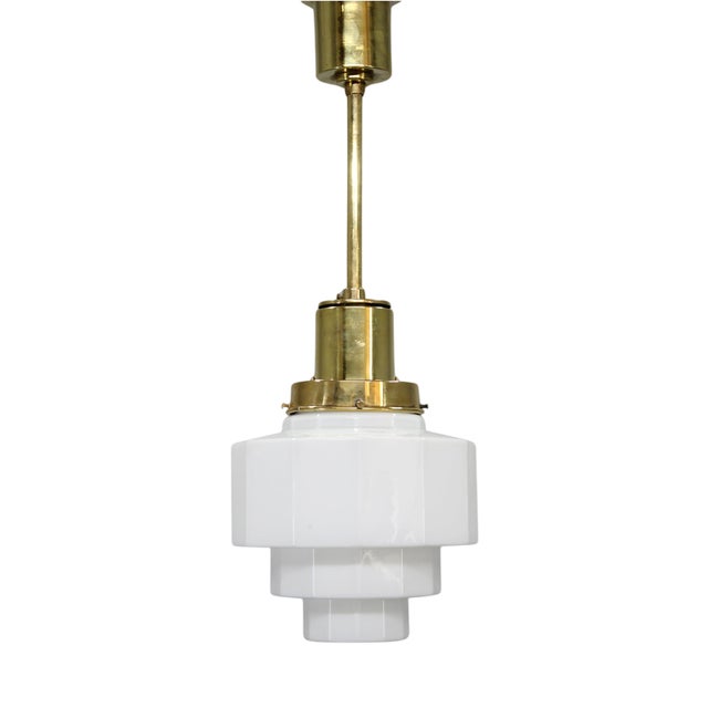 Art Deco Brass and Opaline Glass Pendant, Czechoslovakia, 1930s For Sale