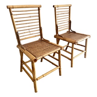 Vintage 1970’s Chinoiserie Bamboo Ladder Back Accent Chair With Woven Rattan Seat, Paul Frankl Style- A Pair For Sale