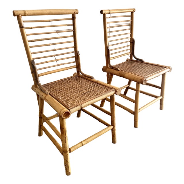 Vintage 1970’s Chinoiserie Bamboo Ladder Back Accent Chair With Woven Rattan Seat, Paul Frankl Style- A Pair For Sale