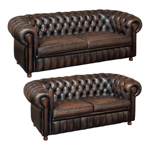 Set of Mid-Century Chesterfield Sofas With Tufted Leather For Sale