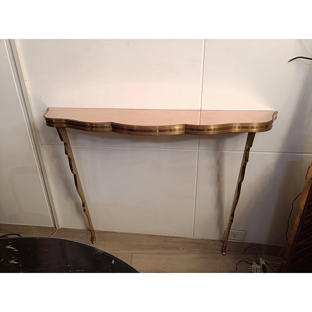 Brass Wall-Mounted Console Table with Pink Glass Top, Italy, 1940s For Sale - Image 4 of 12