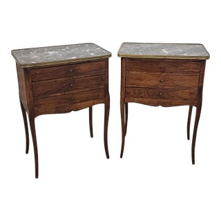 Antique Louis XV Style Nightstands With Marble Tops & Brass Trims-a Pair For Sale