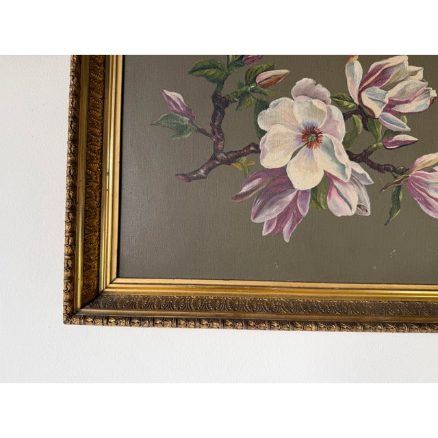 Lavender Vintage Magnolia Blossom Still Life Oil on Board Painting in Ornate Gold Wood Frame For Sale - Image 8 of 12