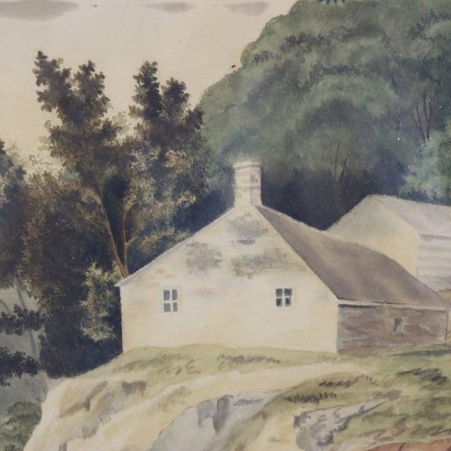 This antique watercolor on paper depicts a serene landscape scene, characteristic of 19th-century artistry. The painting...