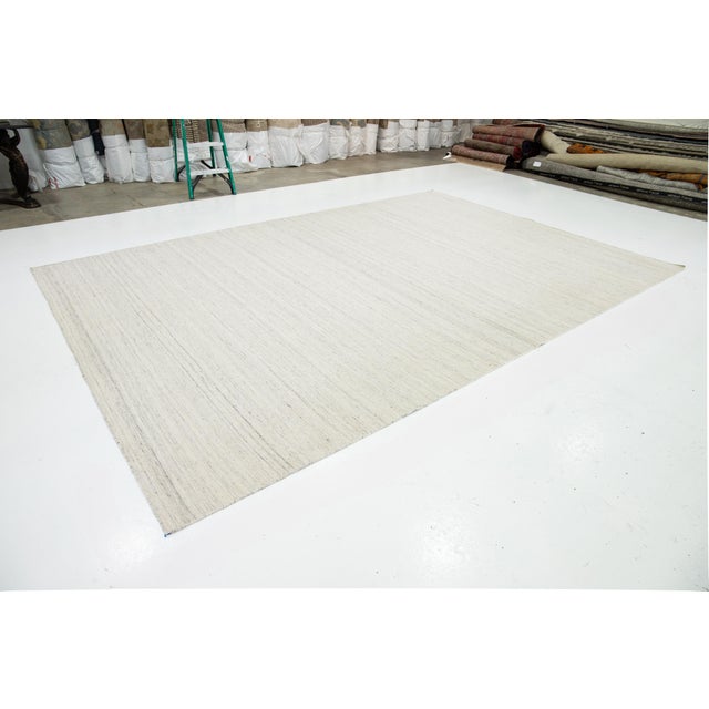 Modern 12 X 15 Modern Flatweave Wool Rug Handmade in Ivory With Stiped Design For Sale - Image 3 of 11