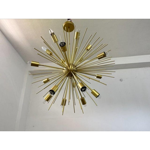 Gold Mid Century Modern Brushed Brass Sputnik Chandelier | Starburst Pendant Light Fixture | Modern Chandelier | For Sale - Image 8 of 9