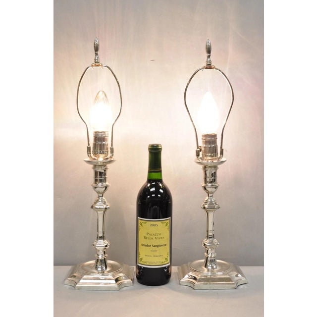 Antique English Regency Silver Plated Footed Converted Candlestick Table Lamps - a Pair. Circa Early 20th Century....