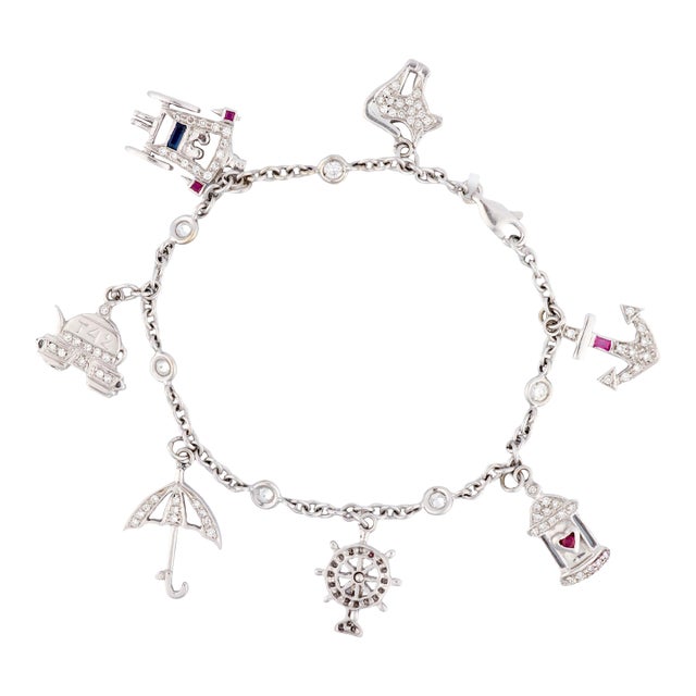 Vintage Diamond Ruby Sapphire 18k White Gold Charm Bracelet For Sale