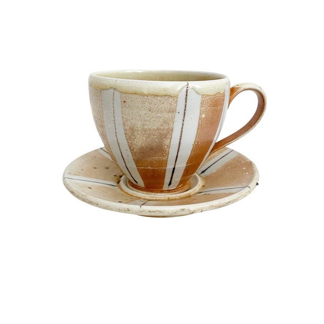 Contemporary 1990s Ceramic Coffee Cup and Saucer Set, Wabi Sabi Studio Pottery Mug, Earthy Striped Tea Cup, Unique Artisan Stoneware Gift for Coffee Lover For Sale - Image 3 of 6