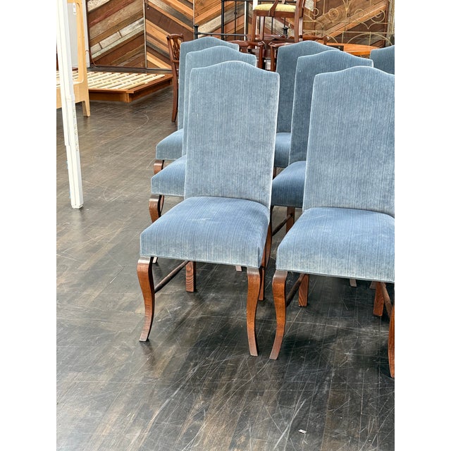 2010s Bespoke Blue Velvet + Oak Wood Dining Chairs, Set of Twelve For Sale - Image 5 of 12