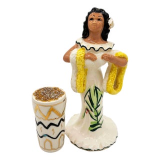 Mid 20th Century Hawaiian Hula Girl Lei Ceramic Figurine W/ Bongo For Sale
